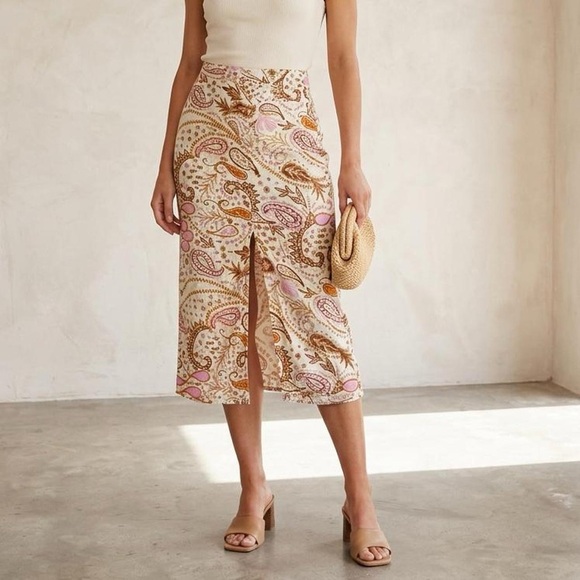 Toxik3 Dresses & Skirts - Cream Paisley Midi Skirt with Front Slit and Pink Accents